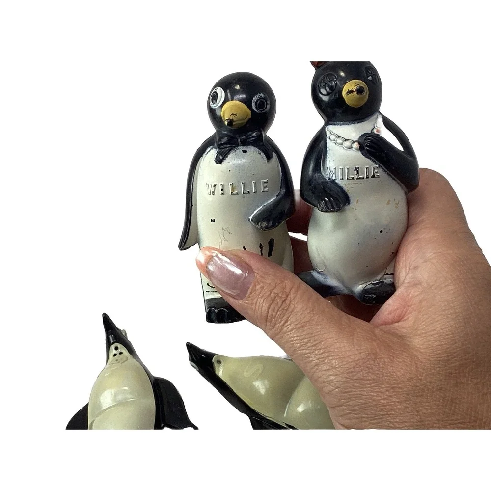 Vtg Willie & Millie, Plastic & Milk Glass Penguin Salt & Pepper (3) Shaker Sets